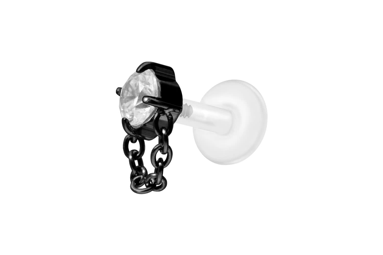 PTFE Labret Piercing mit Innengewinde + Titan-Aufsatz KRISTALL + KETTE